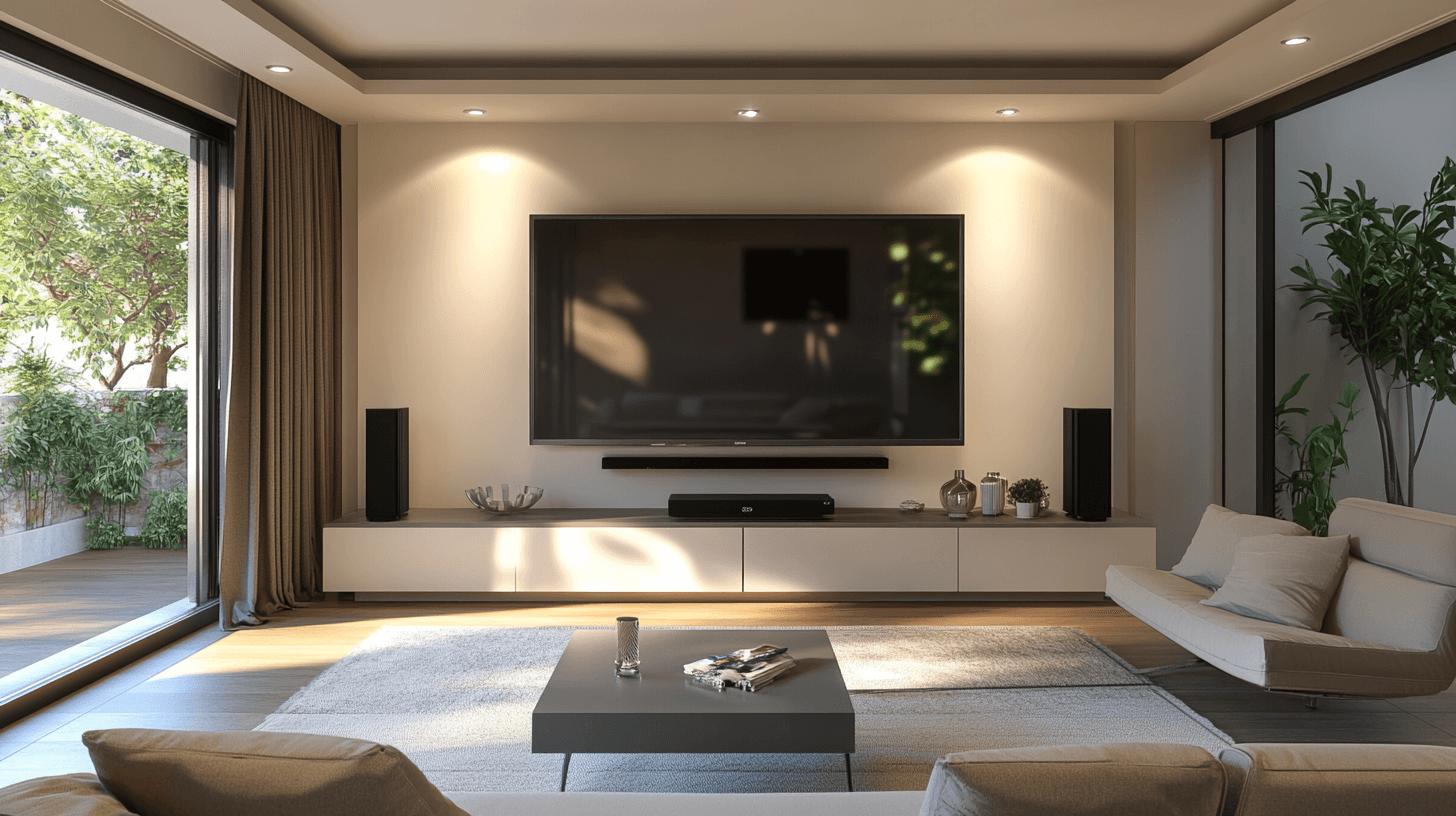 Woonkamer met moderne mediaruimte: technologie elegant integreren